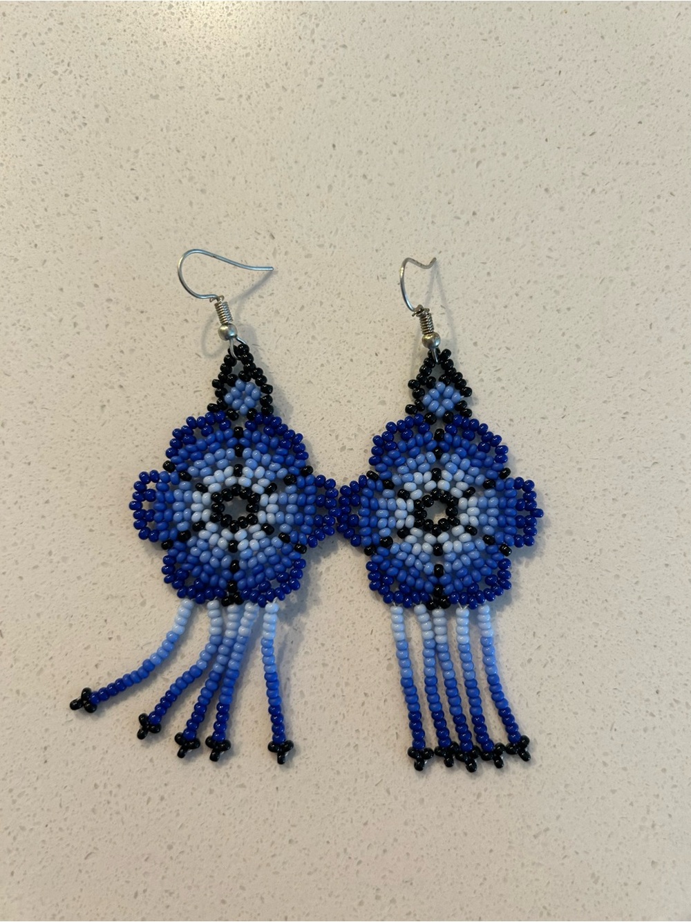 Blue Beaded Floral Fringe Earrings - Women Jewelry